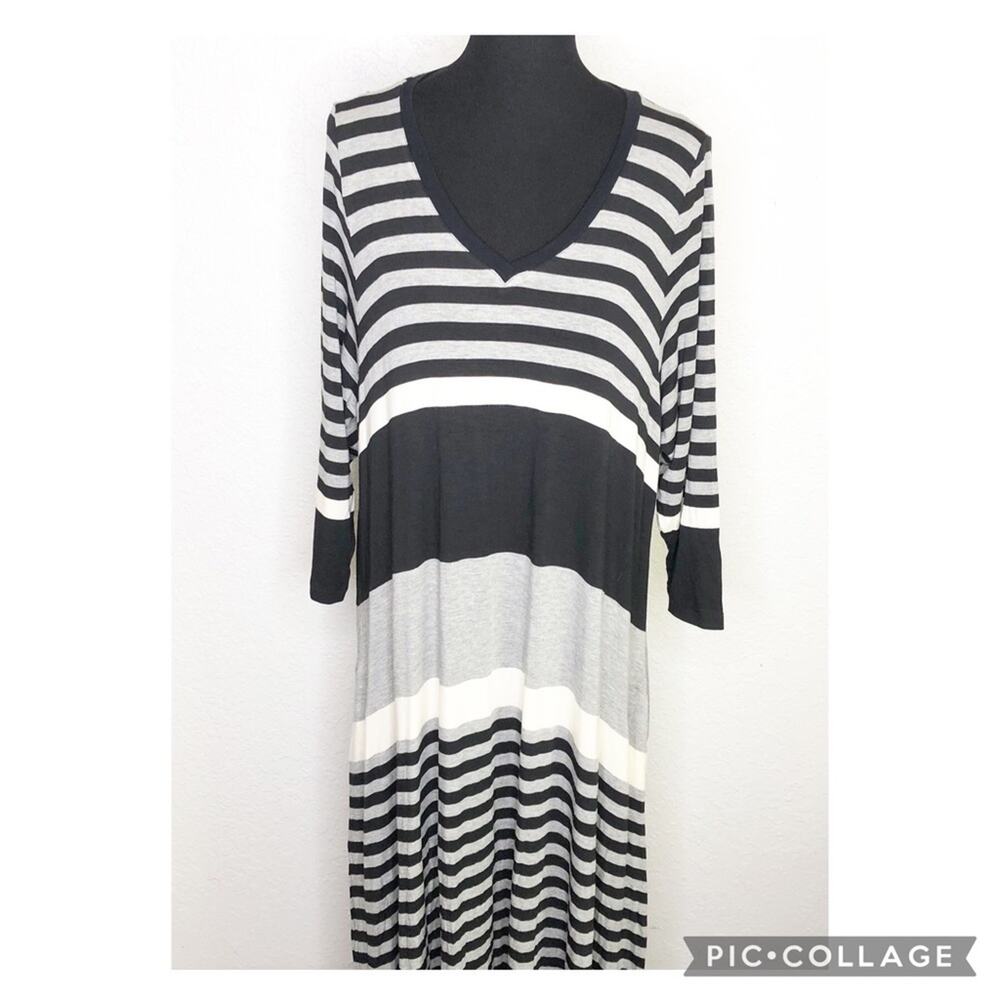 Alembika black cream gray striped v neck maxi dress size 5 or US 14-16